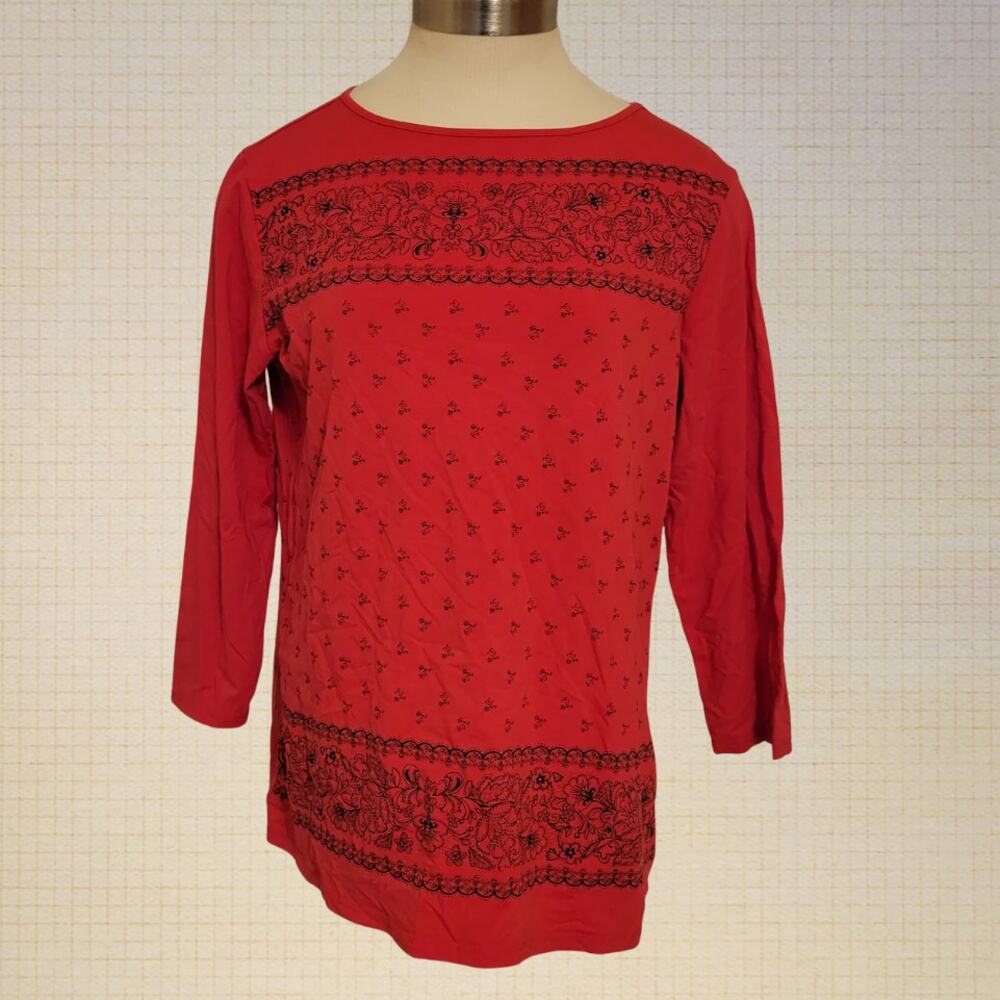 DG2 Red Bandana Floral Print Stretch 3/4 Sleeve Top Size Medium